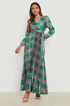 Aztec Pleated Wrap Front Maxi Dress