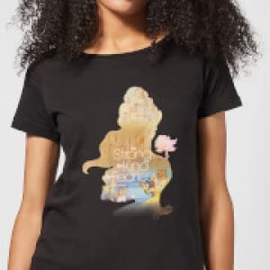 Disney Beauty And The Beast Princess Filled Silhouette Belle Womens T-Shirt - Black - M