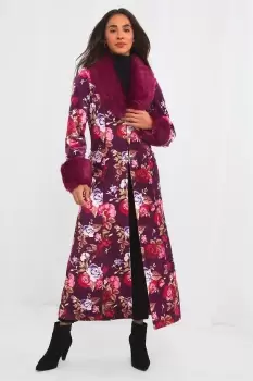 Faux Fur Neck and Cuff Floral Boutique Coat