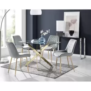 Furniturebox Leonardo 120cm Modern Glass And Gold Metal Leg Dining Table And 4 Elephant Grey Pesaro Velvet Gold Leg Dining Chairs