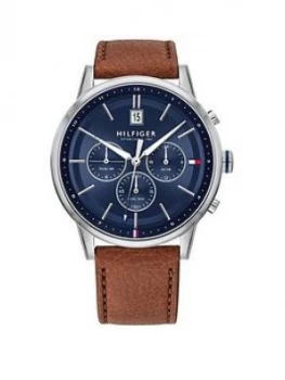 Tommy Hilfiger Kyle Blue Suray And Silver Detail Chronograph Dial Brown Leather Strap Mens Watch