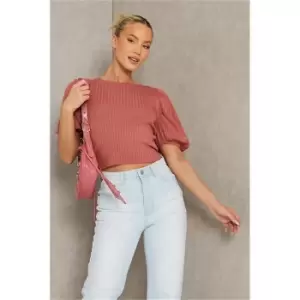 I Saw It First Rose Ribbed Puff Sleeve Knitted Crop Top - Pink