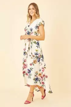 Ivory Floral Wrap Dip Hem Dress