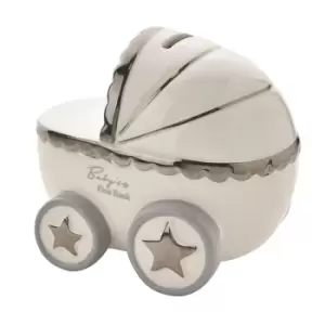 Bambino Ceramic Pram Shaped Money Box Grey