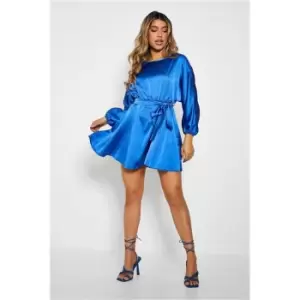 I Saw It First Blue Satin Belted Blouson Sleeve Skater Dress - Blue