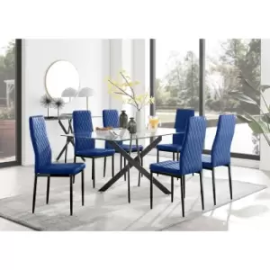 Furniturebox UK - Furniturebox Leonardo 6 Black Leg Glass Dining Table and 6 Navy Milan Velvet Dining Chairs With Black Legs Diamond Stitch Modern