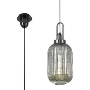 Luminosa 1 Light Pendant E27 With 20cm Tubular Ribbed Glass, Smoked Black Chrome, Matt Black