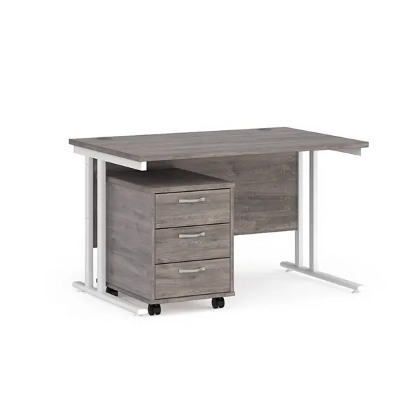 Maestro 25 Straight Desk White Frame Grey Oak Table Top and 3 Drawer Pedestal - 1200mm