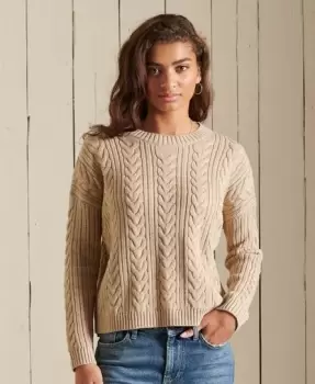 Superdry Womens Dropped Shoulder Cable Knit Crew Neck Jumper Beige / Mid Caramel Twist - Size: 14