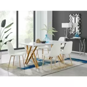 Taranto White High Gloss Dining Table and 6 White Corona Faux Leather Dining Chairs with Gold Legs Diamond Stitch - White