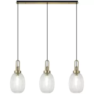 Luminosa Yorktown Linear 3 Light Ceiling Pendant E27 With 20cm Almond Ribbed Glass, Clear Brass Gold, Matt Black