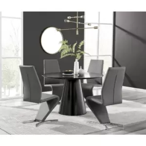 Furniturebox Palma Black Semi Gloss 120cm Round Minimalist Dining Table & 4 Grey Willow Chairs