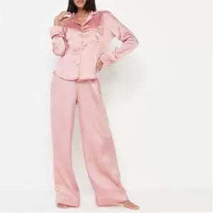 Missguided Satin Long Sleeve Shirt and Wide Leg Bottoms Pyjama Set - Pink