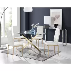 Furniturebox Leonardo 120cm Modern Glass And Gold Metal Leg Dining Table And 4 White Milan Faux Leather Gold Leg Dining Chairs