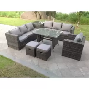 Fimous 7 Seater Outdoor Dark Grey Rattan Lounge Complete Sofa Set with Dining Table and 2 Stools