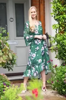 Green Watercolour Floral Dip Hem Midi Dress