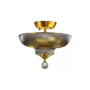 Dresden 2 Light Semi Flush Ceiling Lamp E27 With Round 30cm Glass Shade Satin Gold, Smoked