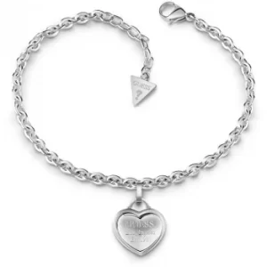 GUESS rhodium plated bracelet with logo heart charm.