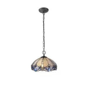 2 Light Downlight Ceiling Pendant E27 With 40cm Tiffany Shade, Blue, Clear Crystal, Aged Antique Brass