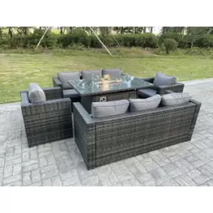 Fimous 8 Seater Dark Grey Outdoor Rattan Gas Fire Pit Dining Complete Sofa Set with Heater