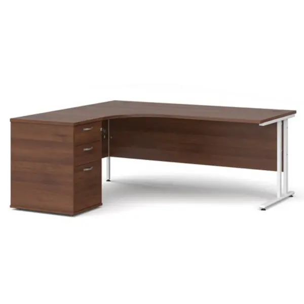 Office Desk Left Hand Corner Desk 1800mm With Pedestal Walnut Top With White Frame Maestro 25