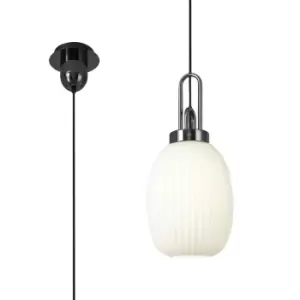 Yorktown Ceiling Pendant E27 With 20cm Almond Ribbed Glass, Opal Black Chrome, Matt Black