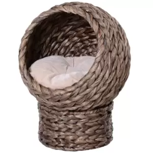 Pawhut Woven Banana Leaf Elevated Cat Bed House Basket Soft Cushion Dome Basket 42x33x52cm Dark Brown (base) & Beige (cushion)