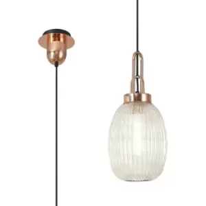 Luminosa Acree Ceiling Pendant E27 With 20cm Almond Ribbed Glass, Champagne Copper, Matt Black