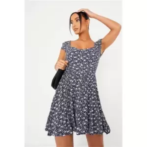 I Saw It First Blue Crinkle Floral Print Scoop Neck Skater Dress - Blue