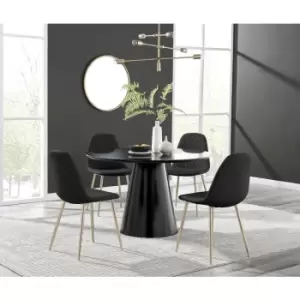 Furniturebox Palma Black Semi Gloss 120cm Round Minimalist Dining Table & 4 Black Corona Faux Leather Dining Chairs with Gold Legs Diamond Stitch