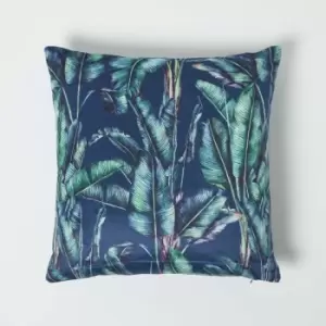 Homescapes - Navy Tropical Banana Leaf Velvet Cushion 46 x 46cm - Teal, Navy