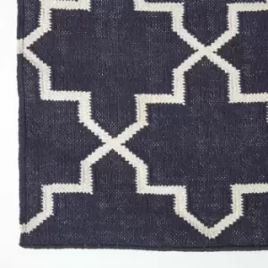 Edmonton Navy Blue and White 100% Cotton Geometric Pattern Kilim Rug, 160 x 230cm - Blue - Homescapes