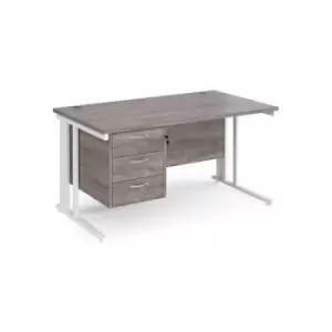 Maestro 25 straight desk 1400mm x 800mm with 3 drawer pedestal - white cable managed leg frame and grey oak top