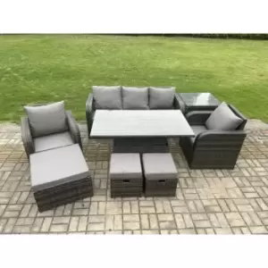 Fimous 5 Seater Outdoor Rattan Dining Sofa Complete Set with Adjustable Table, 2 Stools and Big Footstools