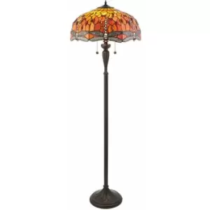 Loops - 1.5m Tiffany Twin Floor Lamp Dark Bronze & Dragonfly Stained Glass Shade i00014