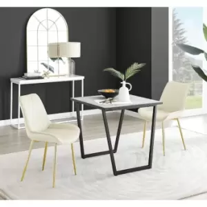 Furniturebox Carson White Marble Effect Square Dining Table & 2 Cream Pesaro Gold Leg Velvet Chairs