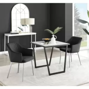 Furniturebox UK - Furniturebox Carson White Marble Effect Square Dining Table & 2 Black Calla Silver Leg Velvet Chairs