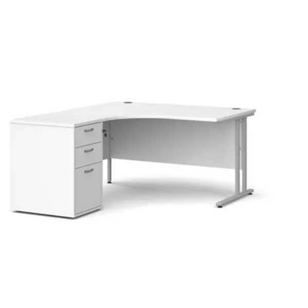 Office Desk Left Hand Corner Desk 1400mm With Pedestal White Top With Silver Frame Maestro 25