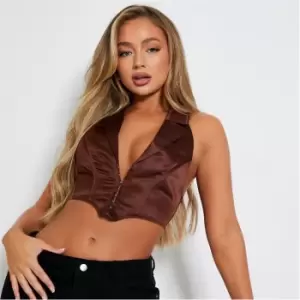 I Saw It First Satin Halterneck Crop Top - Brown