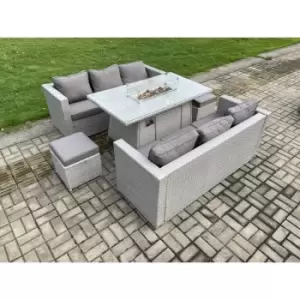 Fimous 6 Seater Outdoor Light Grey PE Rattan Lounge Complete Sofa Set with Gas Fire Pit and 2 Stools