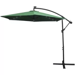 Green LED Cantilever Parasol 3m Banana Hanging Umbrella Garden Sun Shade Canopy Patio 360 Rotation Tilt uv Protection Winding Crank 24 Solar Powered