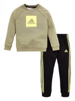 Boys, adidas Infant 2 Piece 3 Stripe Logo Sweatshirt and Jogger Set - Green, Size 3-4 Years