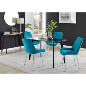 Furniture Box Malmo Glass and Black Leg Dining Table & 4 Blue Pesaro Silver Chairs