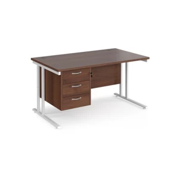 Office Desk Rectangular Desk 1400mm With Pedestal Walnut Top With White Frame 800mm Depth Maestro 25 MC14P3WHW