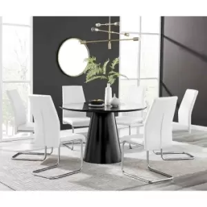 Furniture Box Palma Black Semi Gloss Round Dining Table and 6 White Lorenzo Chairs