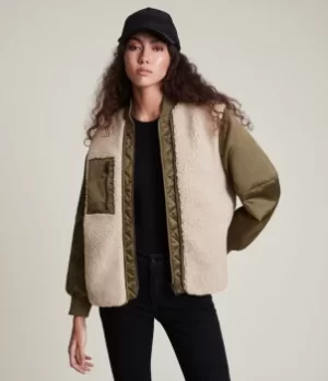 AllSaints Womens Suri Bomber Jacket, Khaki/ivory, Size: 10