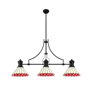 Worcester, 3 Light Linear Ceiling Pendant E27 With 30cm Tiffany Shade, Matt Black, Red, Cream, Crystal