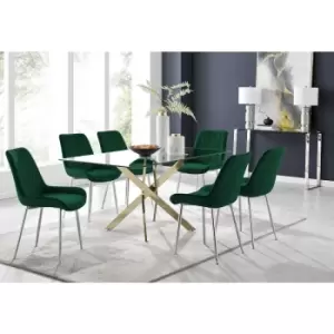 Furniturebox Leonardo 150cm Modern Glass And Gold Metal Dining Leg Table And 6 Green Pesaro Velvet Silver Chrome Leg Dining Chairs