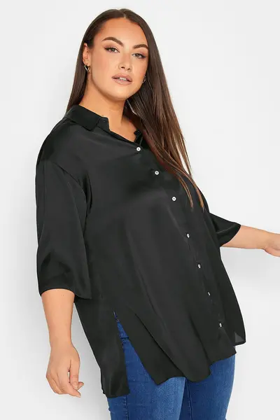 Yours 3/4 Sleeve Satin Shirt Black