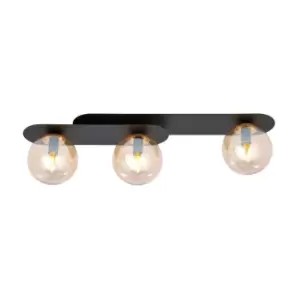 Plaza Black Globe Ceiling Light with Amber Glass Shades, 3x E14